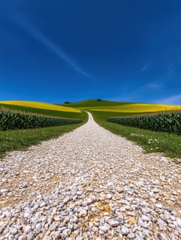 A gravel road leads to a field with yellow and blue flowers photo