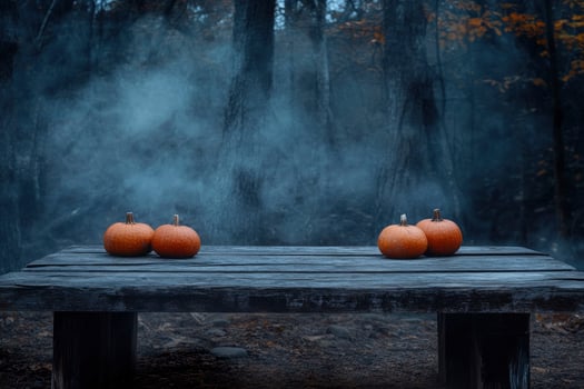Pumpkins on Rustic Table in Misty Forest Halloween Still Life photo