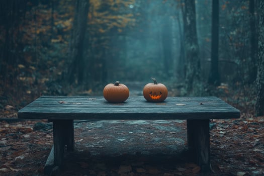 Halloween Pumpkins on a Wooden Picnic Table in a Misty Forest photo