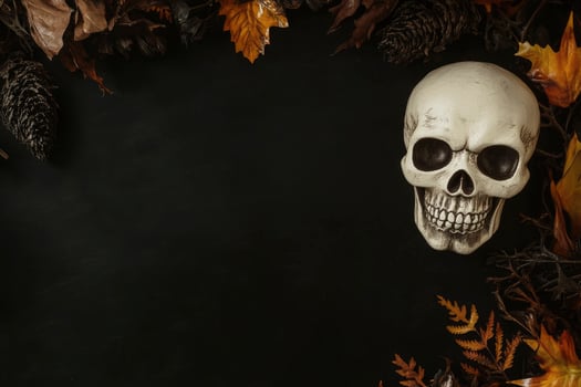 Skull and Autumn Leaves on Dark Background for Halloween Concept photo