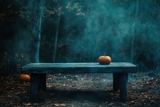 Pumpkins on Rustic Wooden Bench in Spooky Autumn Forest Scene photo