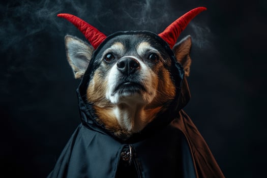 Dog Dressed As Devil for Halloween Costume Party in Studio photo