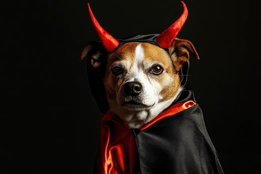 Dog Wearing Devil Costume with Red Horns for Halloween Celebration photo