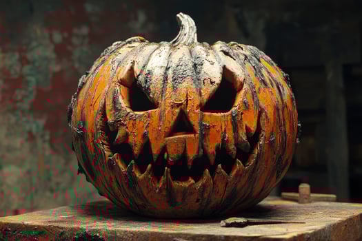 Eerie Carved Pumpkin Halloween Decoration with Spooky Face Displayed Indoors photo