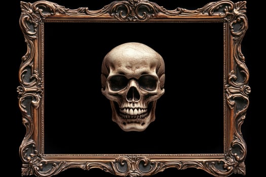 Human Skull Centered in Ornate Gold Picture Frame on Black Background photo
