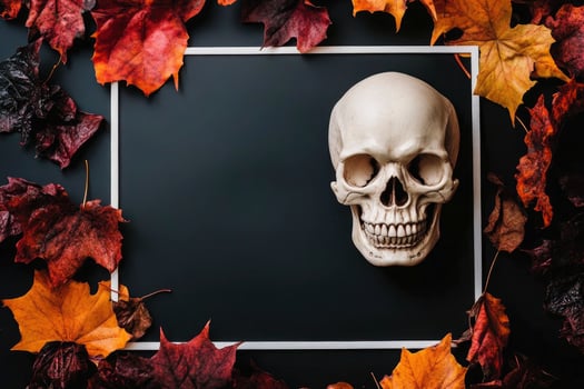 Skull with Autumn Leaves on Dark Background Perfect for Halloween photo