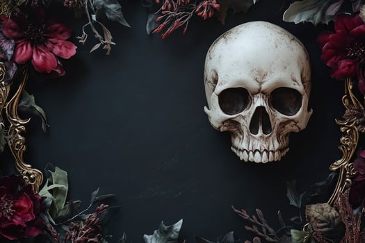 Skull Surrounded by Dark Flowers and Ornament Frame on Black Background photo