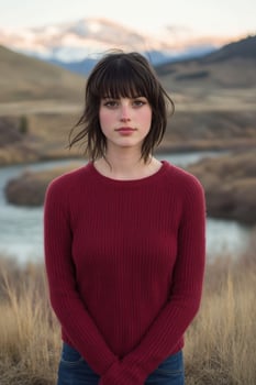 A woman in a red sweater stands in front of a river photo
