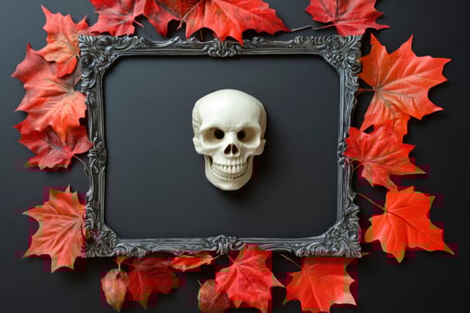 Framed Skull with Red Leaves on Dark Background Halloween Concept photo