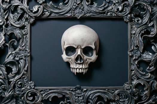 Skull in Ornate Frame on Dark Background for Halloween Decor photo