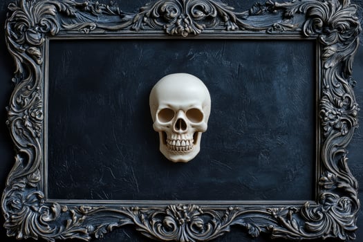 Skull on Dark Backdrop with Ornate Frame Halloween or Gothic Theme photo