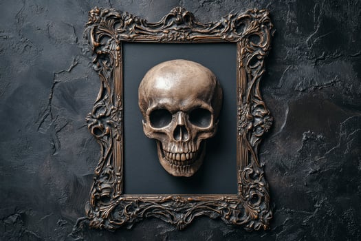 Framed Skull Portrait Hanging on Dark Textured Wall for Gothic Decor photo