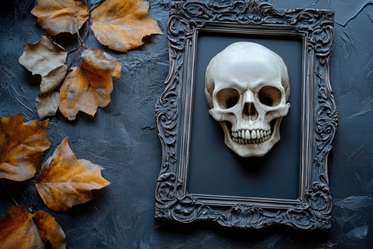 Skull in Antique Frame with Autumn Leaves on Dark Textured Background photo