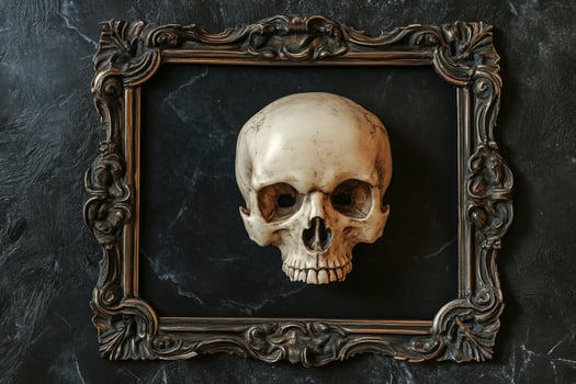 Skull Head Inside Ornate Picture Frame Against Dark Marble Backdrop photo