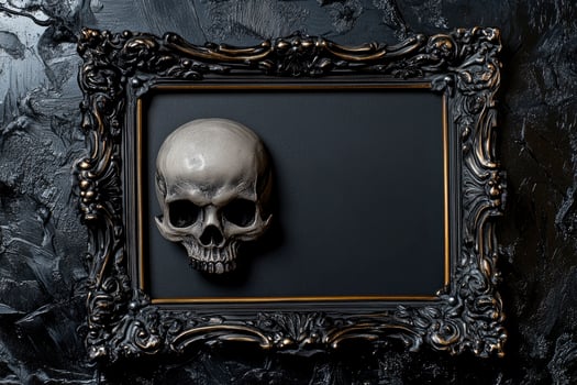 Skull in Ornate Black Frame on Textured Background for Halloween Decor photo