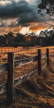 A fence in a field with a sunset in the background photo