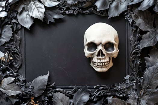 Skull in Dark Frame with Leaves - Halloween, Gothic, Spooky Theme photo
