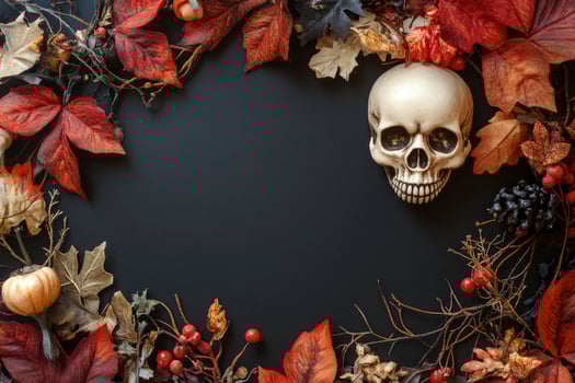 Skull and Fall Leaves Arrangement with Space for Halloween Message photo