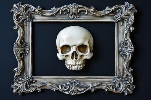 Framed Skull Artwork Against Dark Background Perfect for Halloween Concepts photo