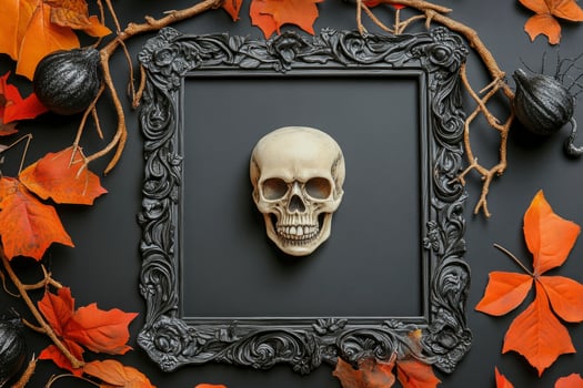 Skull in Vintage Frame with Autumn Leaves Halloween Decoration Concept photo
