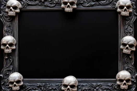 Skull Decorated Frame on Black Background for Halloween Message or Design photo