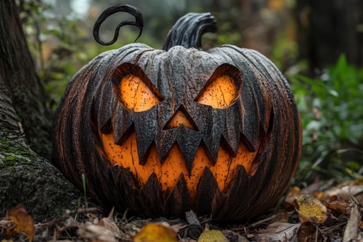 Carved Halloween Pumpkin Glowing Orange in Forest Setting for Holiday Season photo