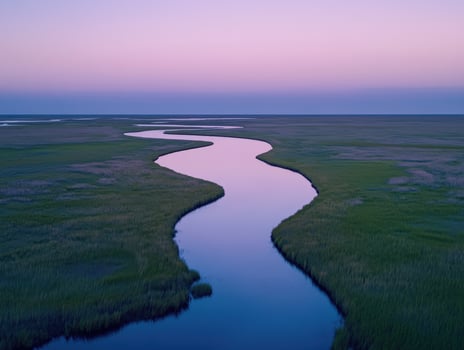 A river runs through a marsh at dusk photo