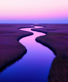 A river runs through a marsh at sunset photo