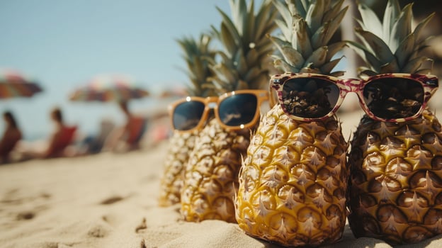 Three pineapples with sunglasses on the beach sit photo