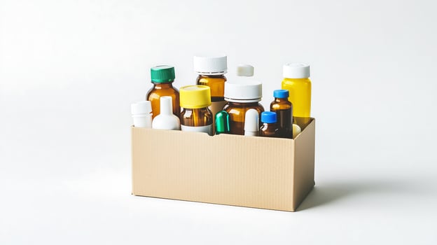 a cardboard box filled with various bottles and other items photo