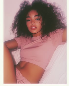 Candid moment of a teenage girl with curly hair relaxing in her living room photo