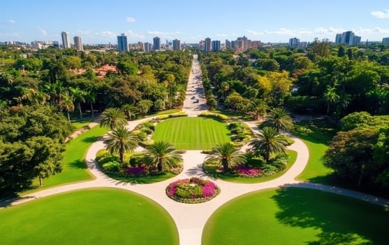 High-resolution aerial view of a lush urban park with palm trees and vibrant flower beds in a city photo
