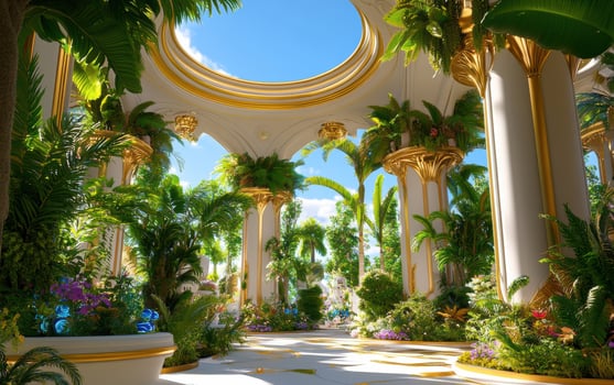 Lush garden design featuring ancient architectural elements and vibrant greenery in a dreamlike setting photo