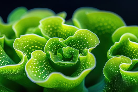 Green surreal plant with twisting stems forming intricate loops and spirals on a dark background resembles futuristic design photo