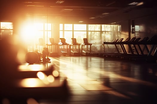 Empty gym at sunrise with treadmills and fitness balls photo