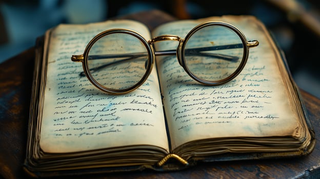 A pair of vintage gold-rimmed spectacles resting on a weathered open journal. 1 photo