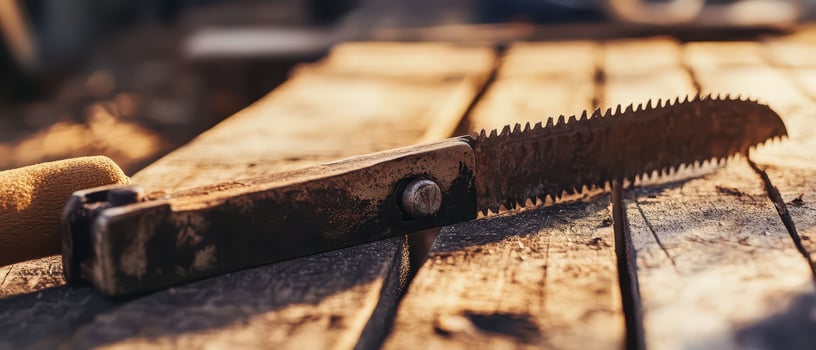 A saw blade laying on a wooden table photo