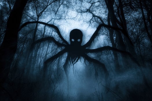 Silhouette Monster Walking in Dark Foggy Forest for Halloween Concept photo