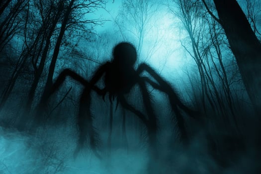 Giant Spider Silhouette Creeping Through Foggy Forest at Night Creepy Scene photo