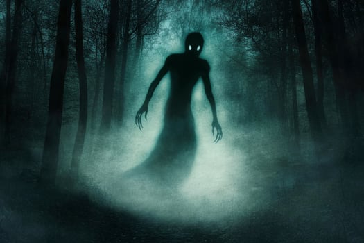 Mysterious Shadowy Figure Apparition Emerging From a Dark Forest at Night photo