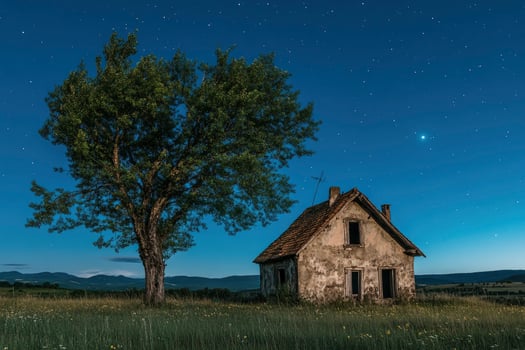 Old House Beside Tree Under Starry Night Sky in Field photo