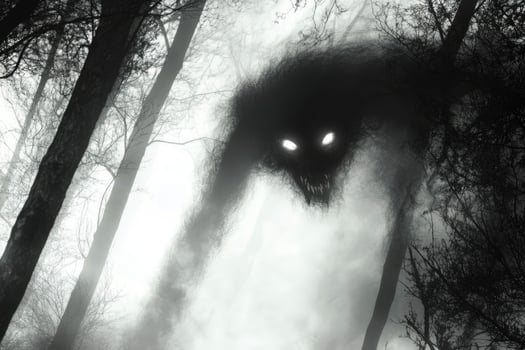 Dark Creature in Misty Forest with Glowing Eyes and Menacing Grin photo