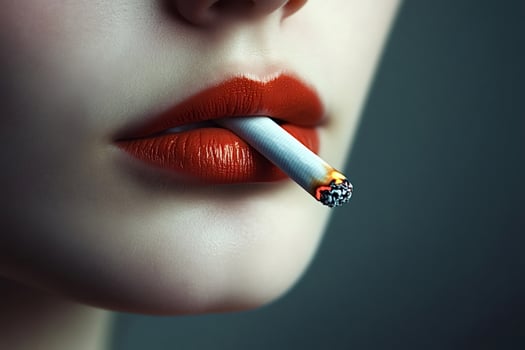 Woman with red lipstick holding lit cigarette in mouth photo