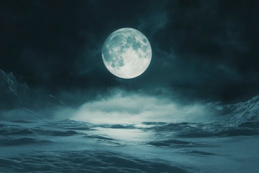 Full Moon Over Snowy Landscape Creates an Eerie and Dramatic Atmosphere photo