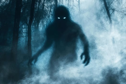 Mysterious Shadow Creature Appears in Foggy Forest with Glowing Eyes photo