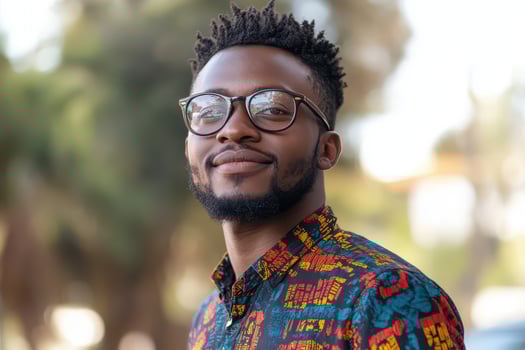 A young man with glasses and a colorful shirt photo