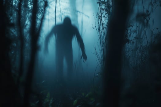 Silhouette Walking in Misty Forest Creating Eerie and Mysterious Atmosphere photo