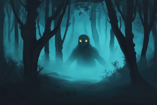 Eerie Forest Creature with Glowing Eyes Emerging From Foggy Woods photo