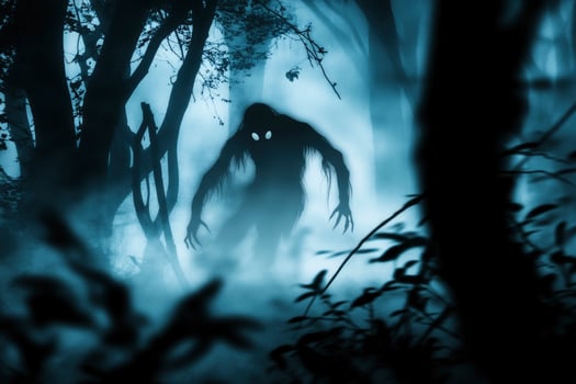 Eerie Creature in Foggy Forest with Glowing Eyes - Halloween Concept photo