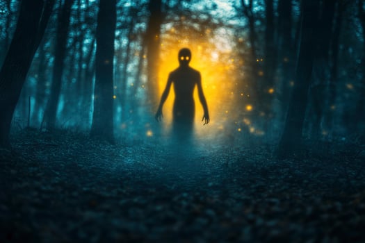 Silhouette in Dark Forest with Glowing Eyes and Spooky Mist photo